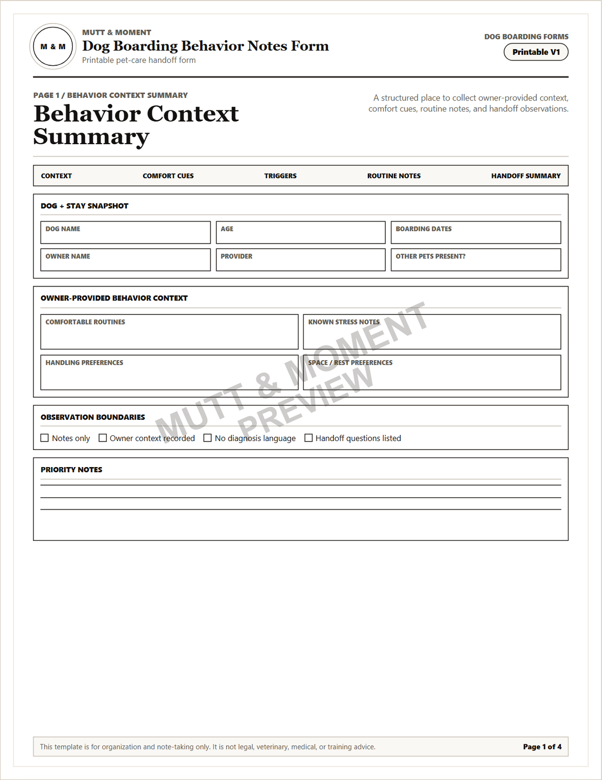 Dog Boarding Behavior Notes Form | Printable Pet Care Template
