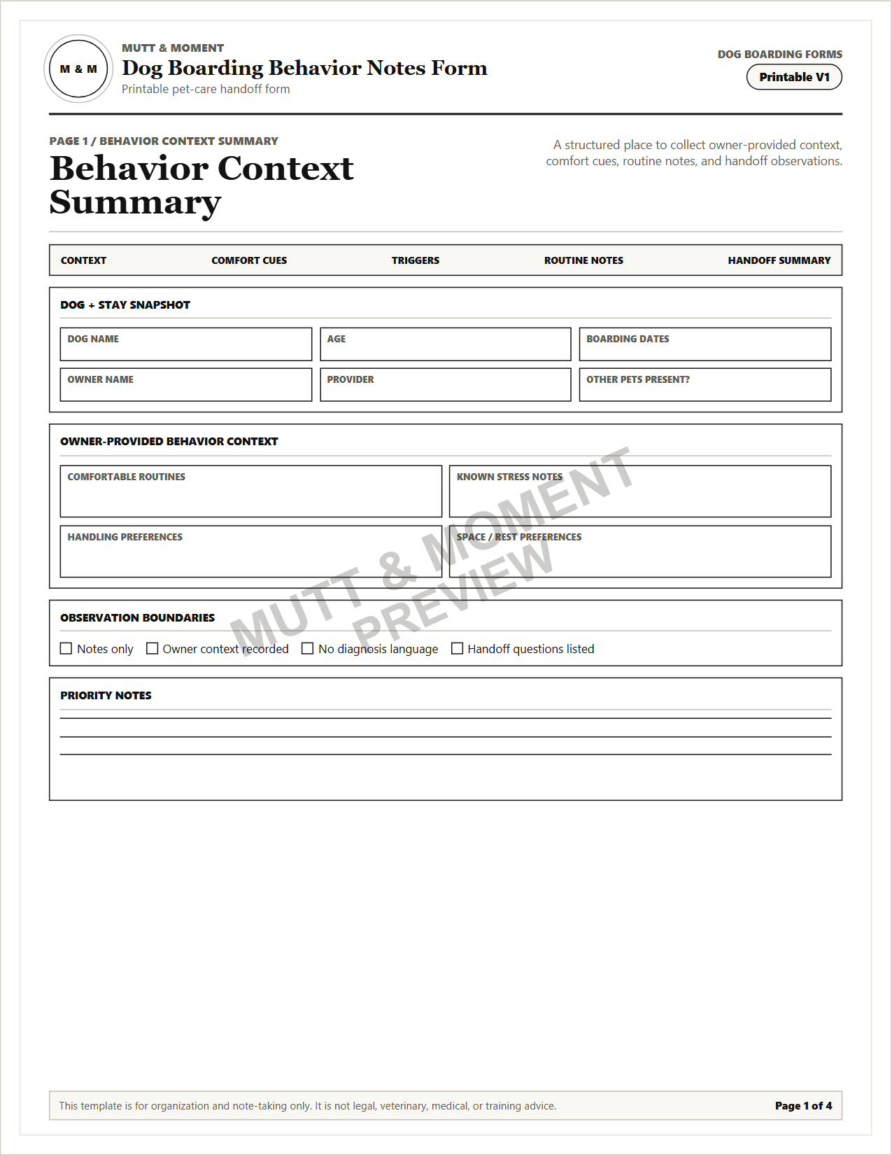 Dog Boarding Behavior Notes Form | Printable Pet Care Template
