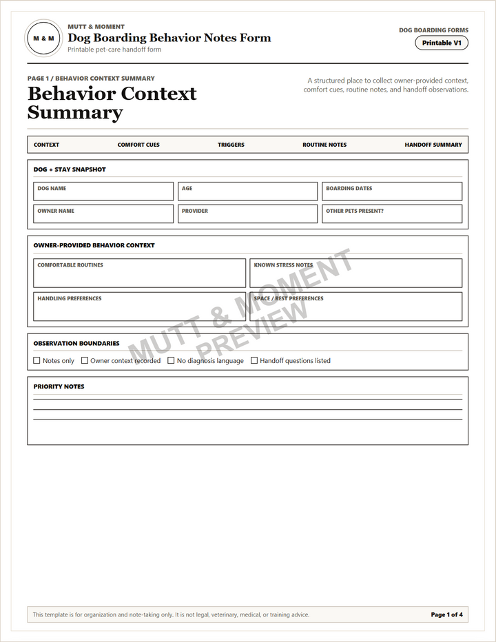 Dog Boarding Behavior Notes Form | Printable Pet Care Template