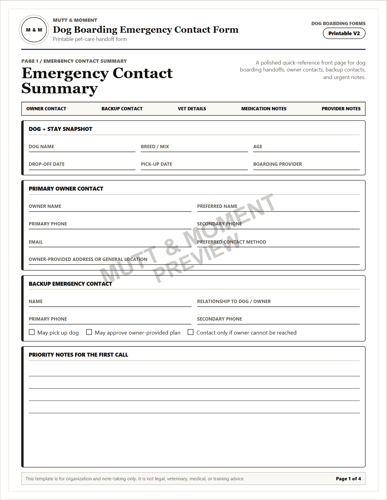 Dog Boarding Emergency Contact Form | Printable Pet Care Template