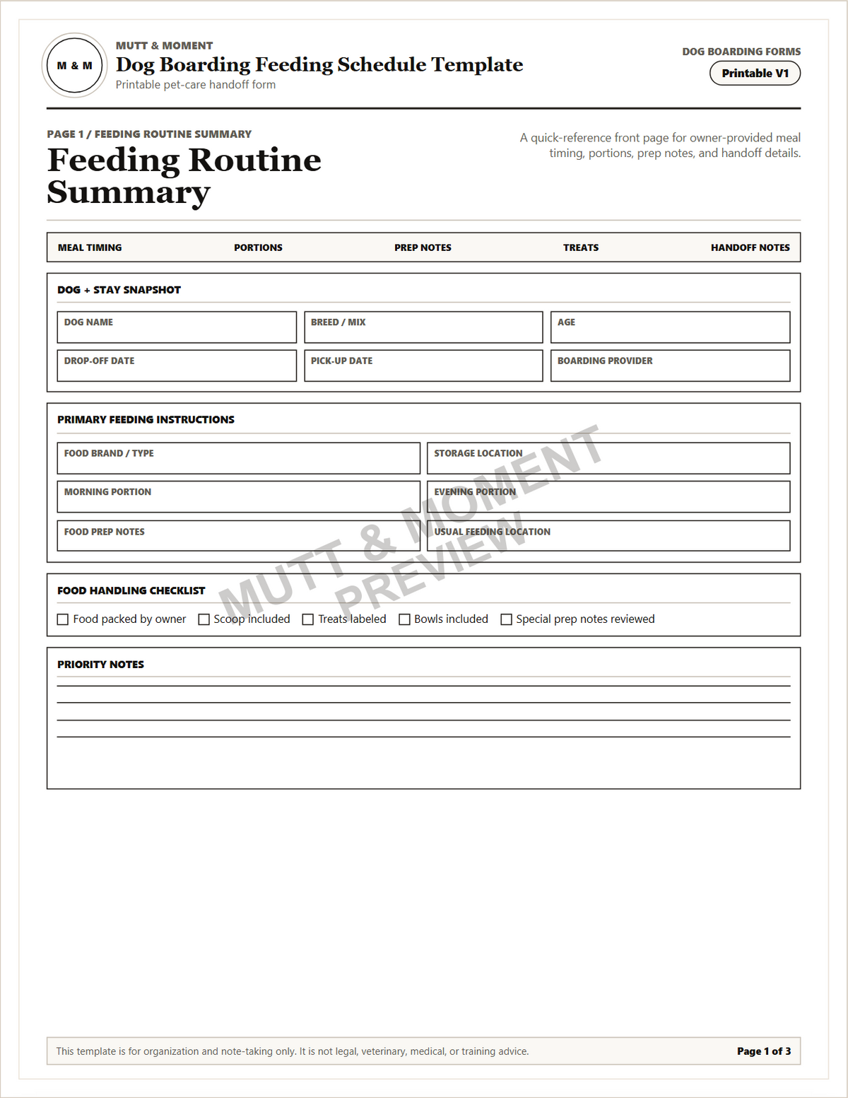 Dog Boarding Feeding Schedule Template | Printable Pet Care Template