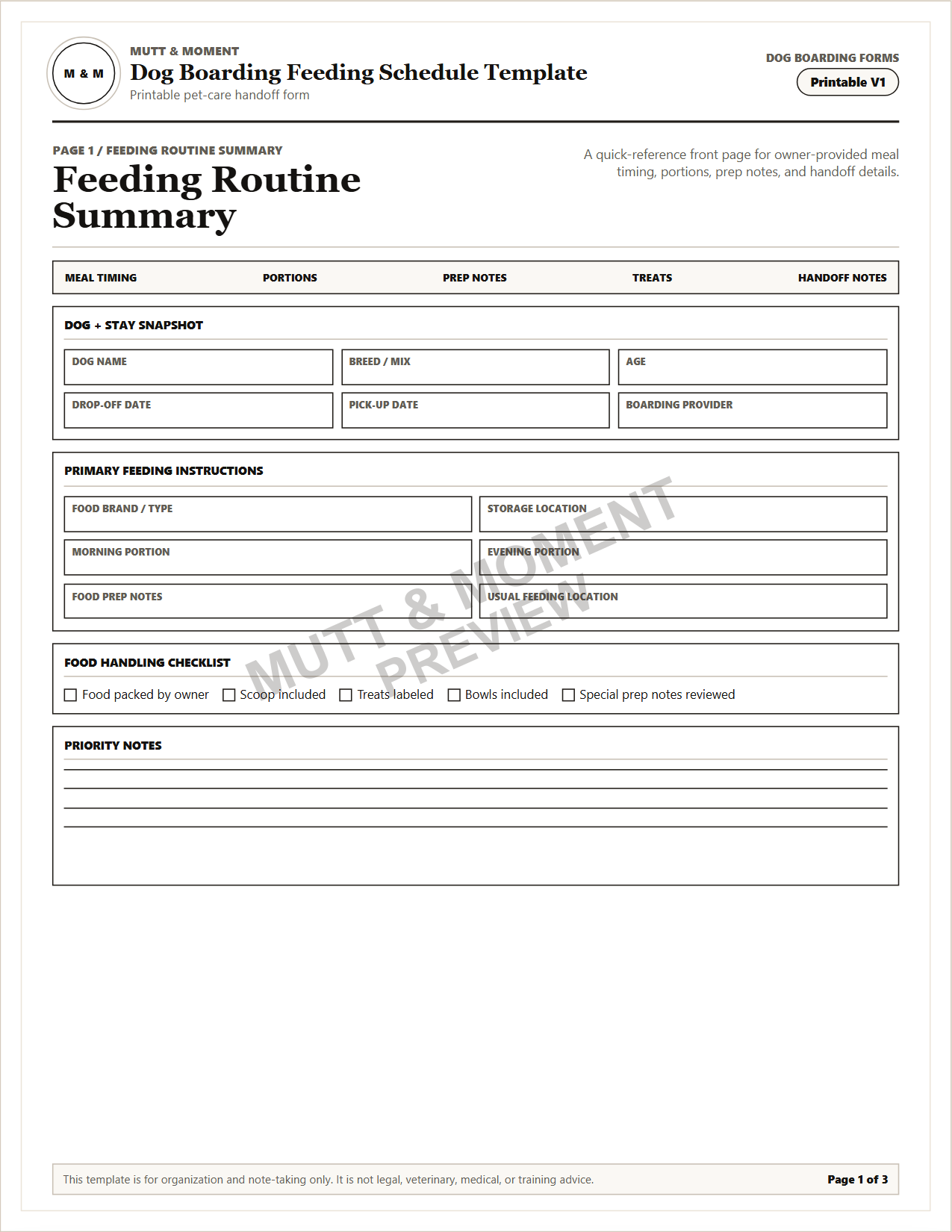Dog Boarding Feeding Schedule Template | Printable Pet Care Template