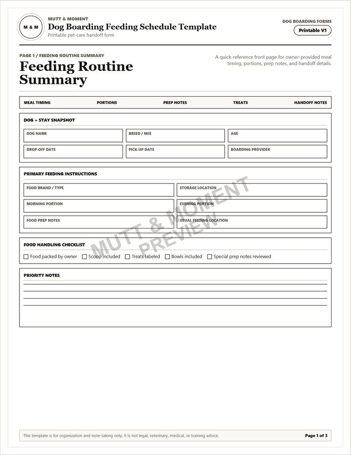 Dog Boarding Feeding Schedule Template | Printable Pet Care Template
