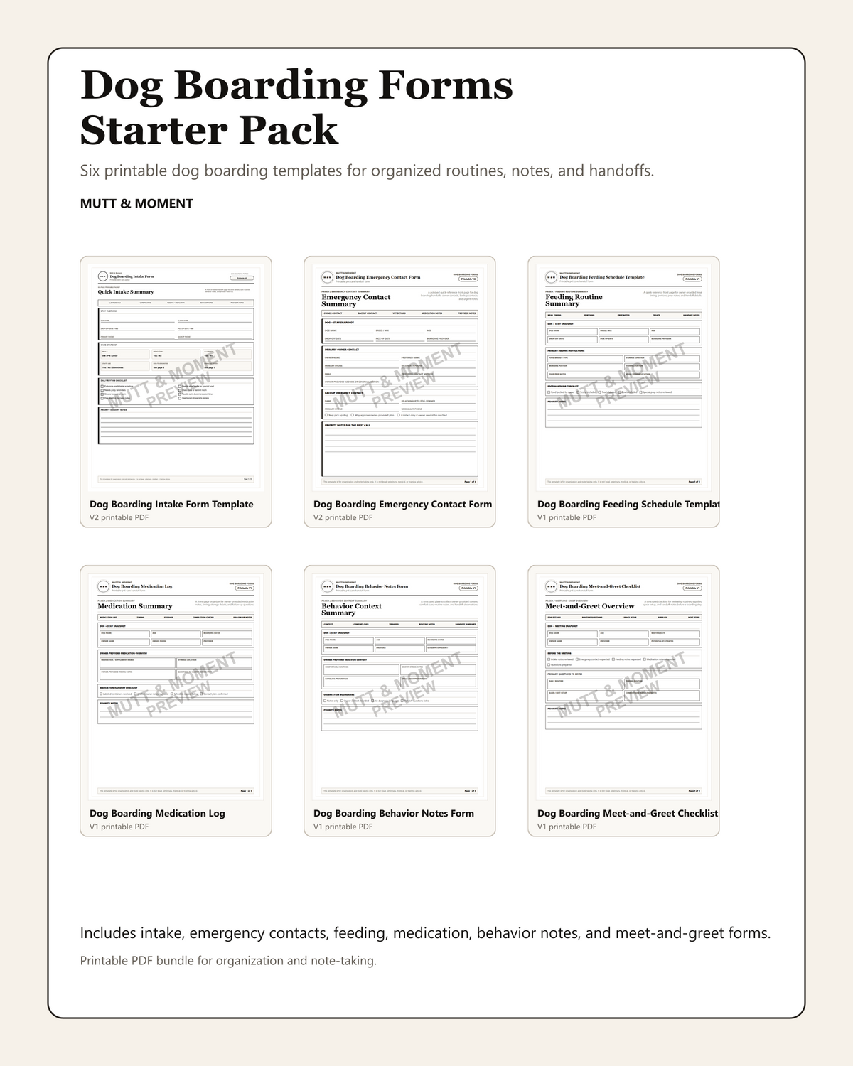 Dog Boarding Forms Starter Pack | Printable Pet Care Templates