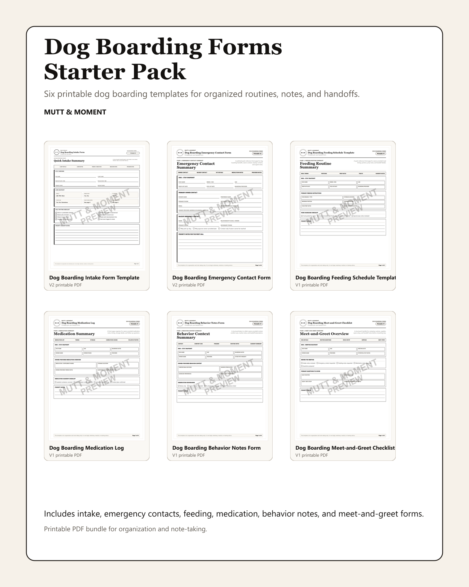 Dog Boarding Forms Starter Pack | Printable Pet Care Templates