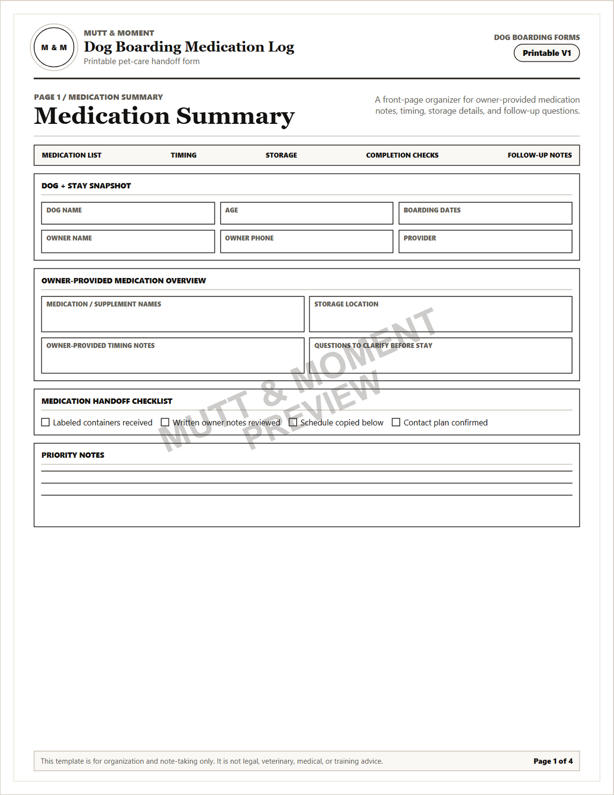 Dog Boarding Medication Log | Printable Pet Care Template