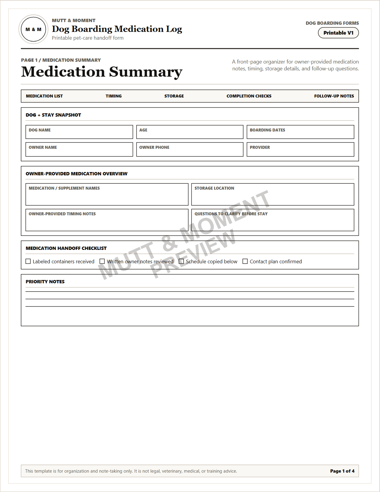 Dog Boarding Medication Log | Printable Pet Care Template