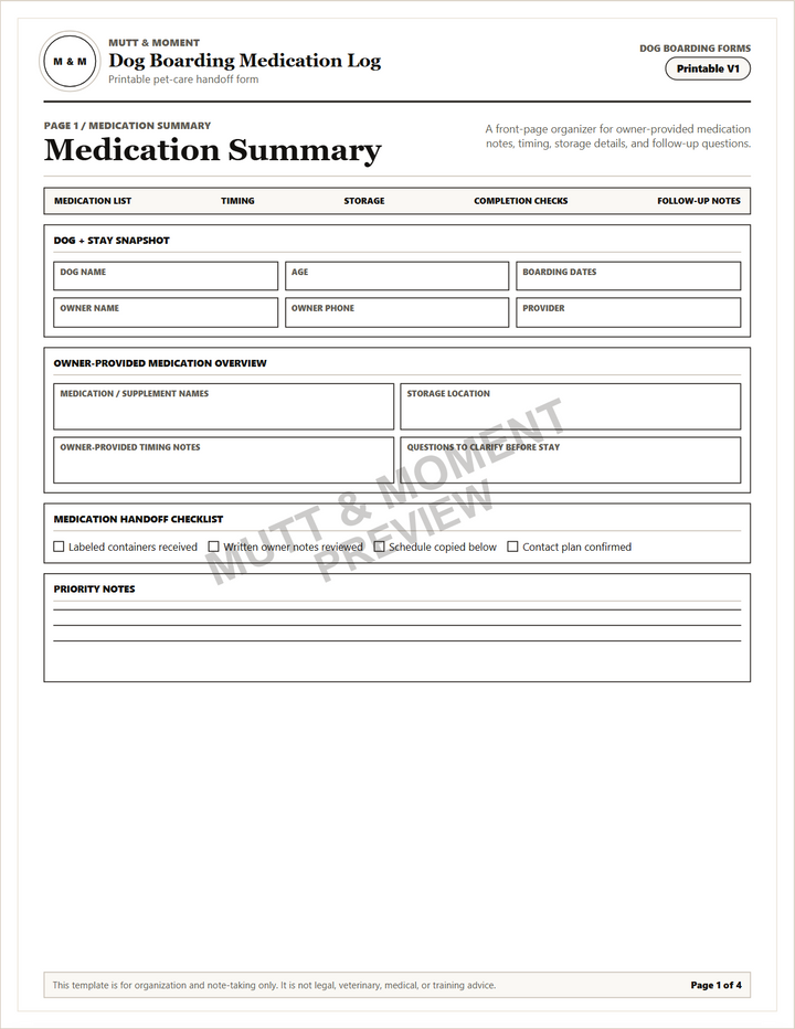 Dog Boarding Medication Log | Printable Pet Care Template