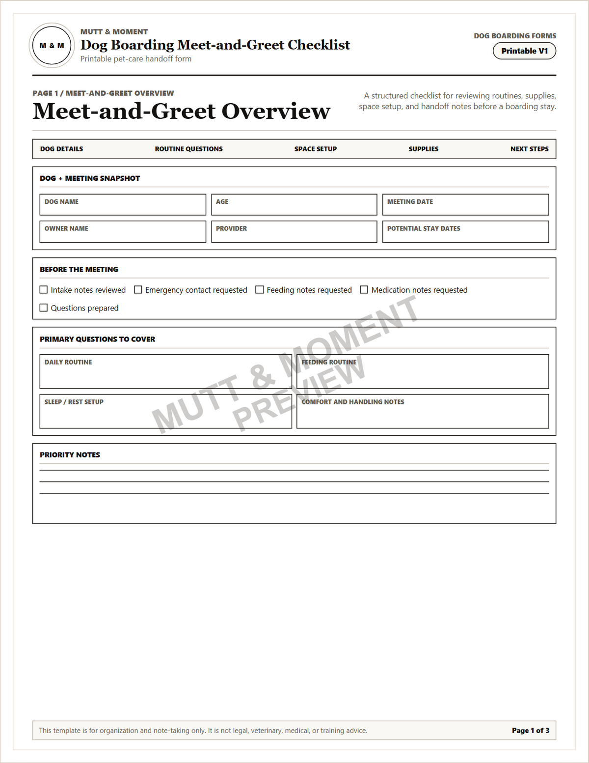 Dog Boarding Meet-and-Greet Checklist | Printable Pet Care Template