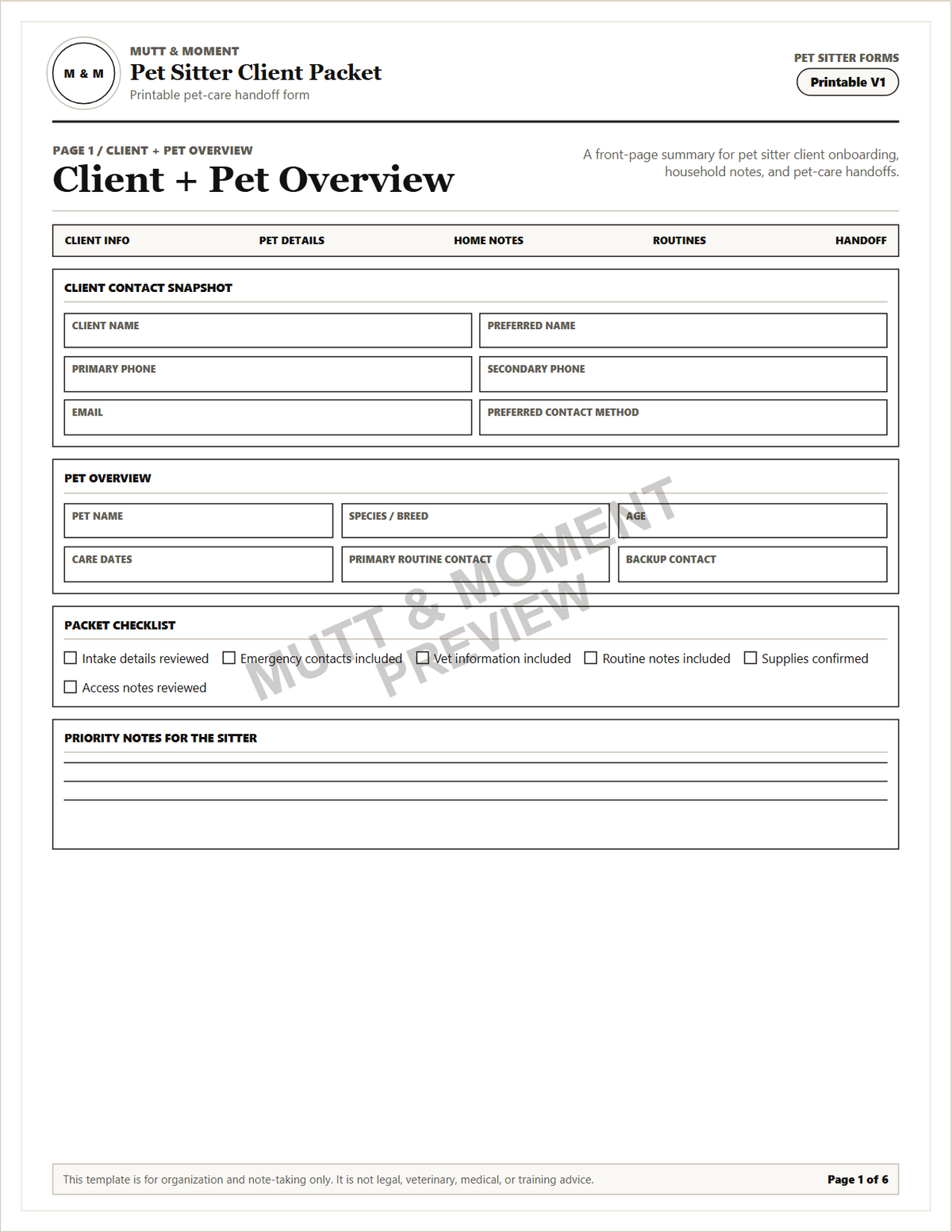 Pet Sitter Client Packet | Printable Pet Care Template