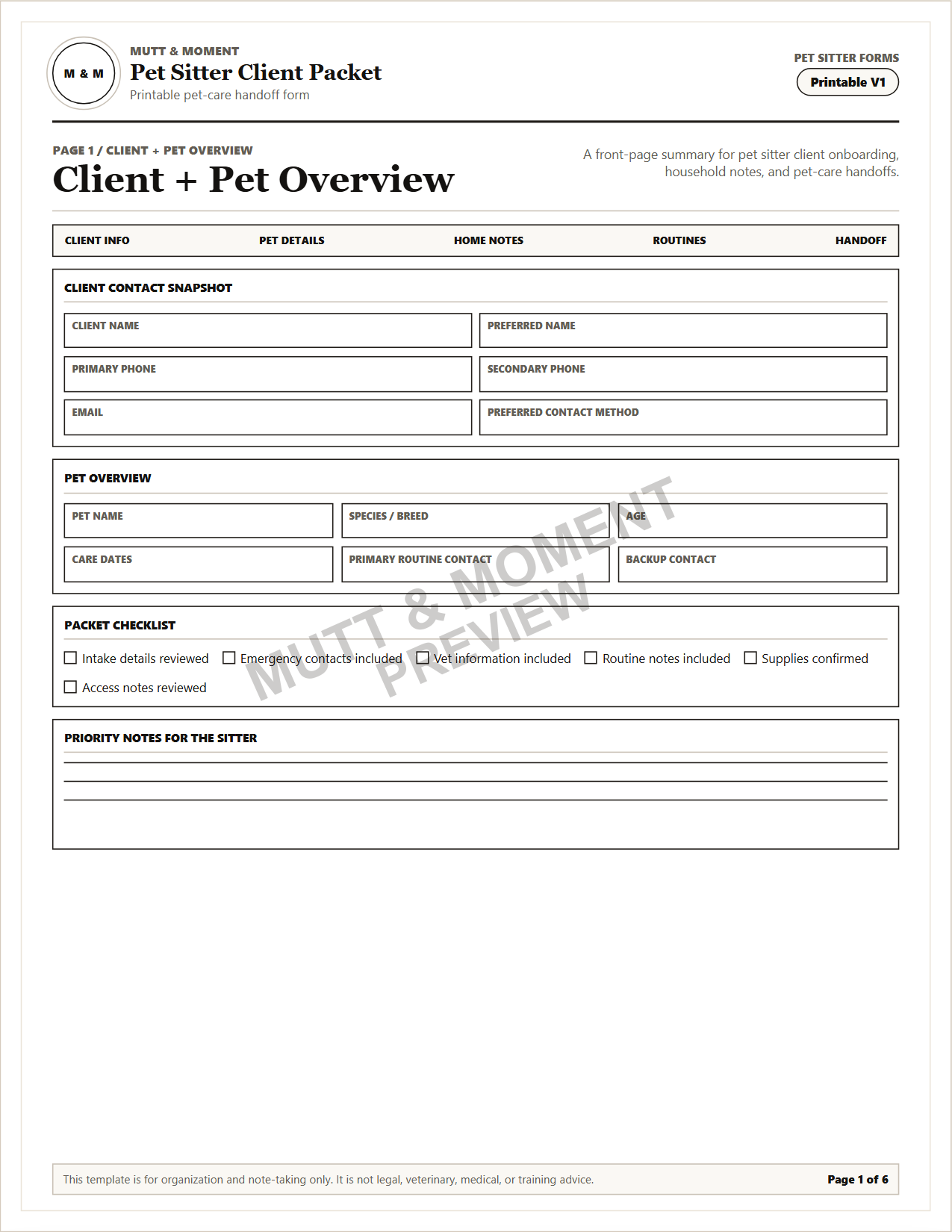 Pet Sitter Client Packet | Printable Pet Care Template