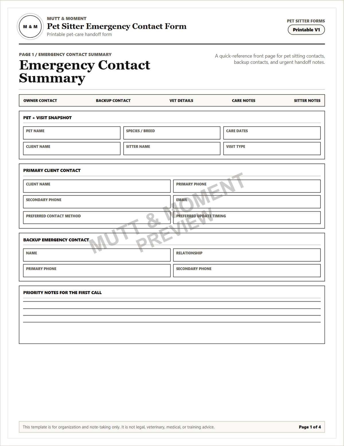 Pet Sitter Emergency Contact Form | Printable Pet Care Template