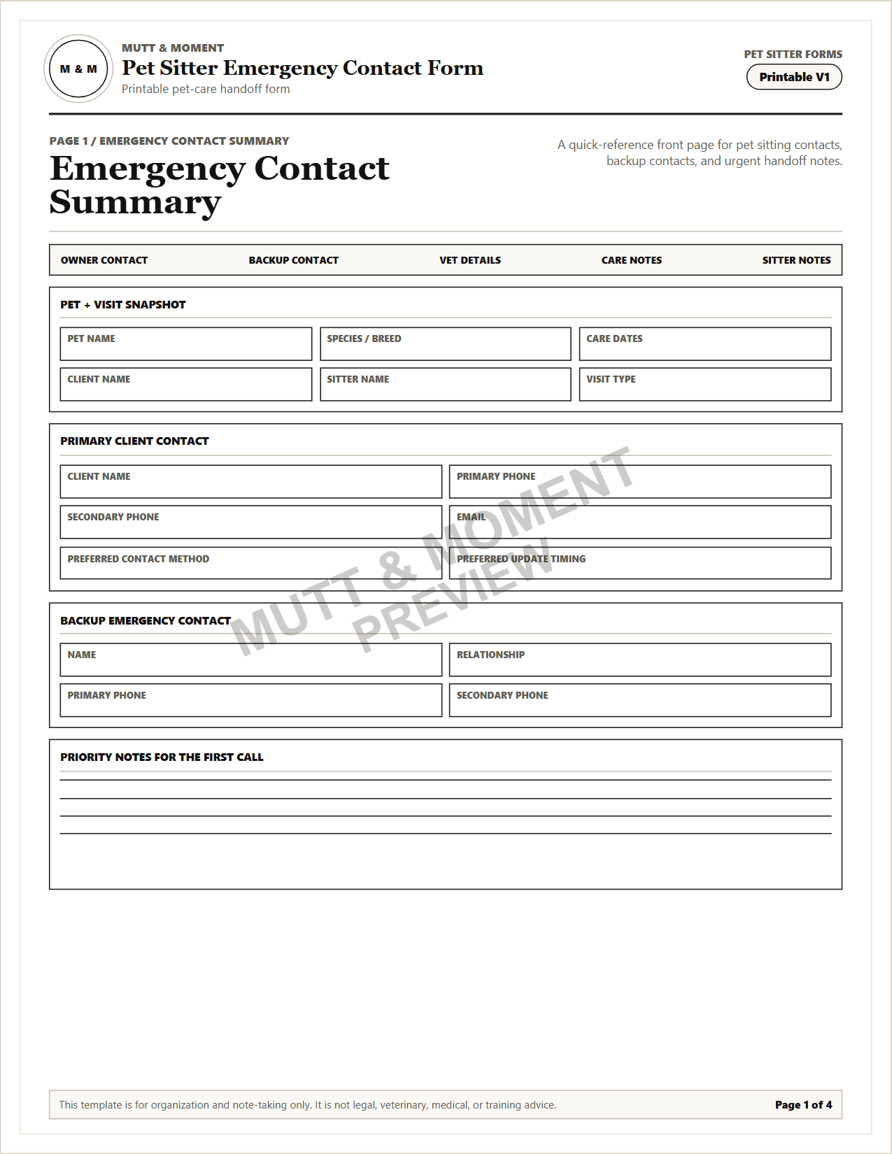 Pet Sitter Emergency Contact Form | Printable Pet Care Template