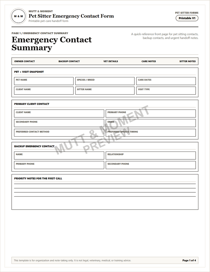 Pet Sitter Emergency Contact Form | Printable Pet Care Template