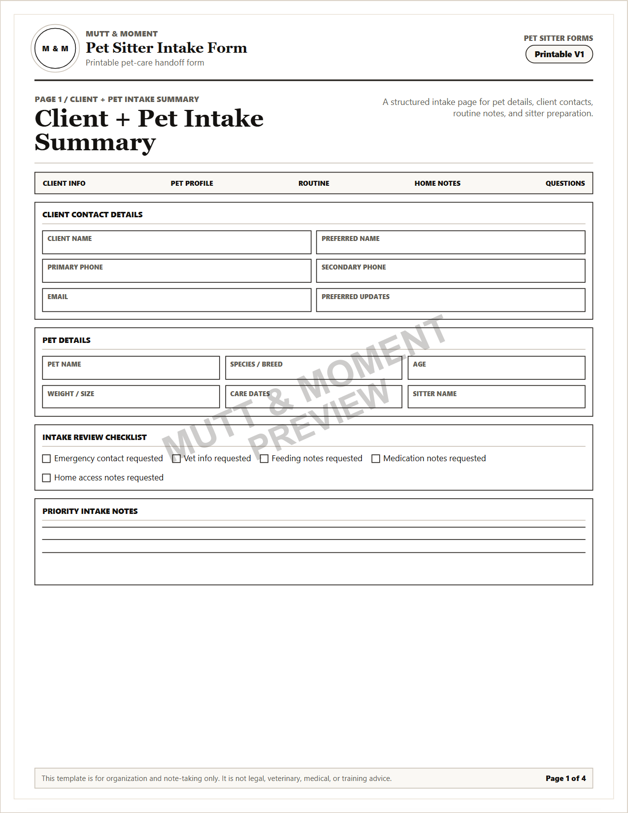 Pet Sitter Intake Form | Printable Pet Care Template