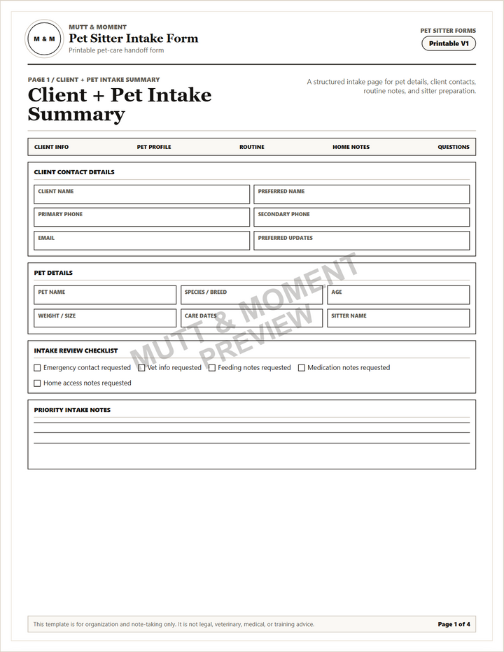 Pet Sitter Intake Form | Printable Pet Care Template
