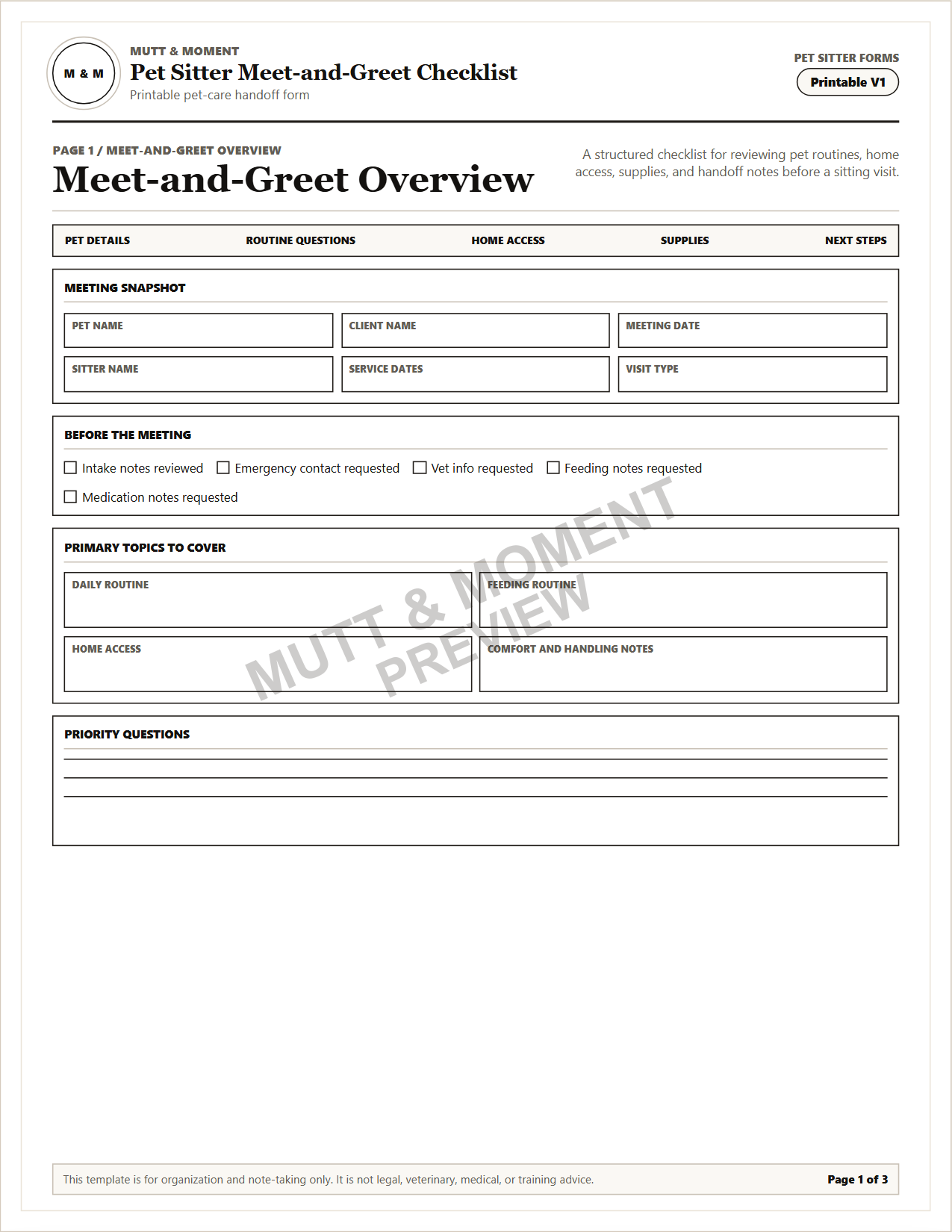Pet Sitter Meet-and-Greet Checklist | Printable Pet Care Template