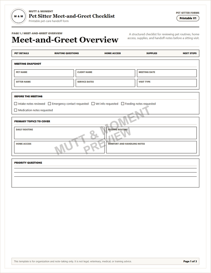 Pet Sitter Meet-and-Greet Checklist | Printable Pet Care Template