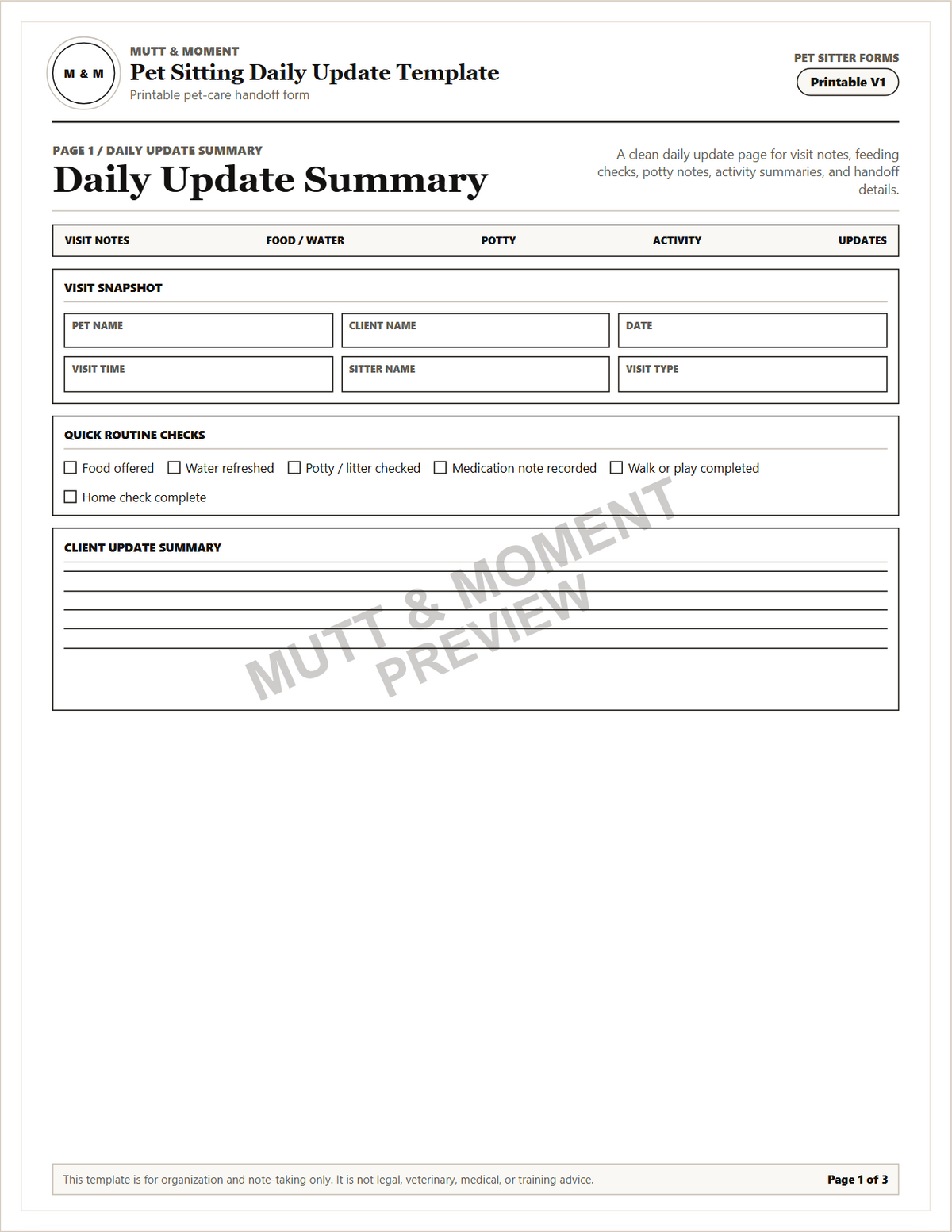 Pet Sitting Daily Update Template | Printable Pet Care Template