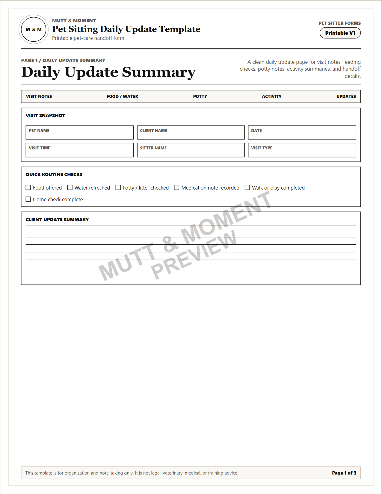 Pet Sitting Daily Update Template | Printable Pet Care Template