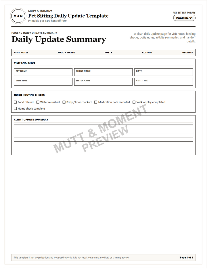 Pet Sitting Daily Update Template | Printable Pet Care Template