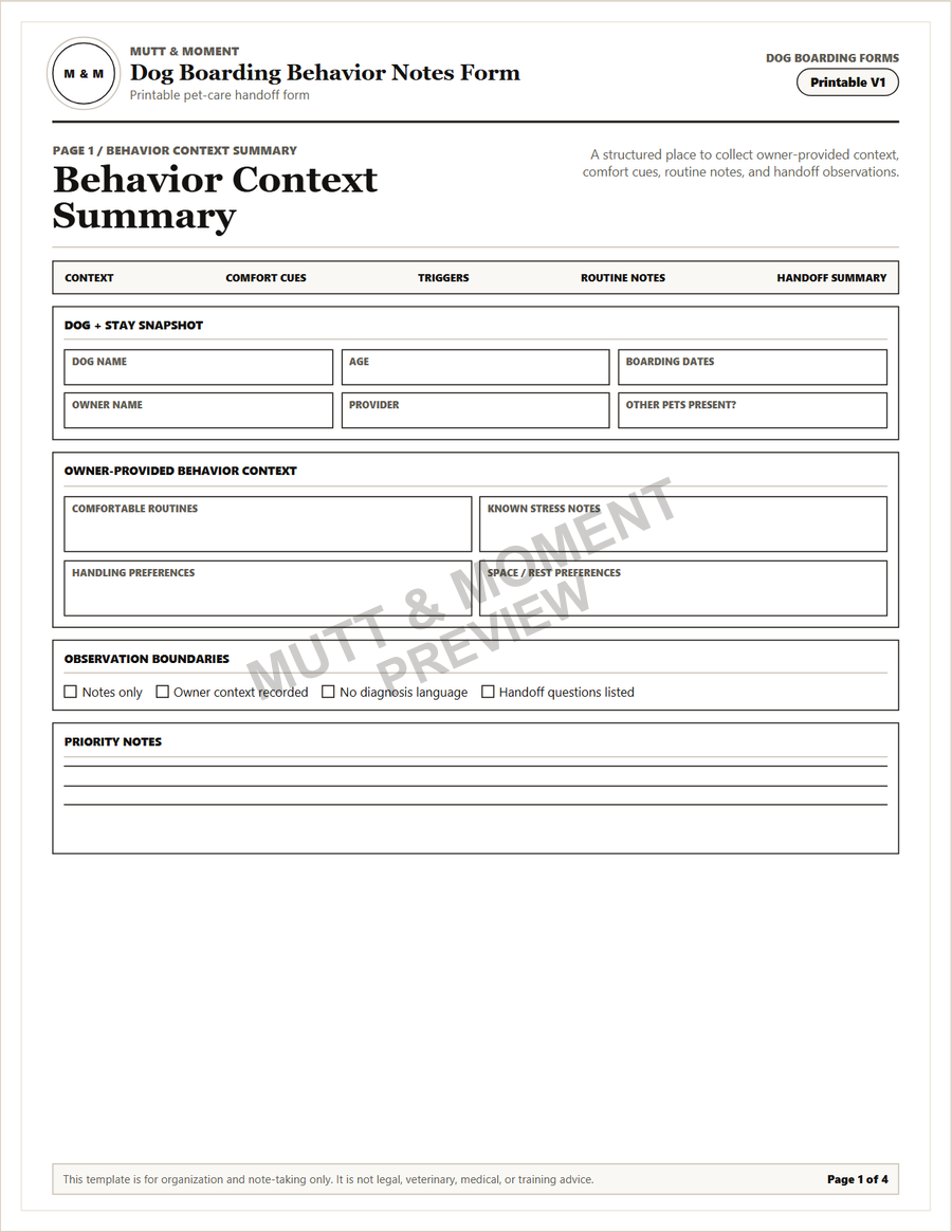 Preview of the Dog Boarding Behavior Notes Form printable PDF.