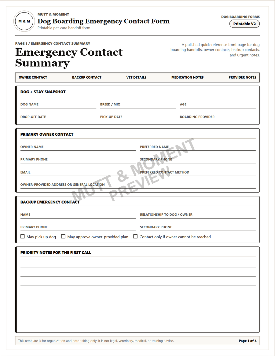 Preview of the Dog Boarding Emergency Contact Form printable PDF.
