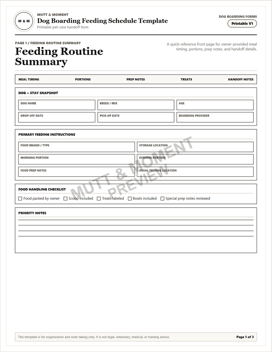 Preview of the Dog Boarding Feeding Schedule Template printable PDF.