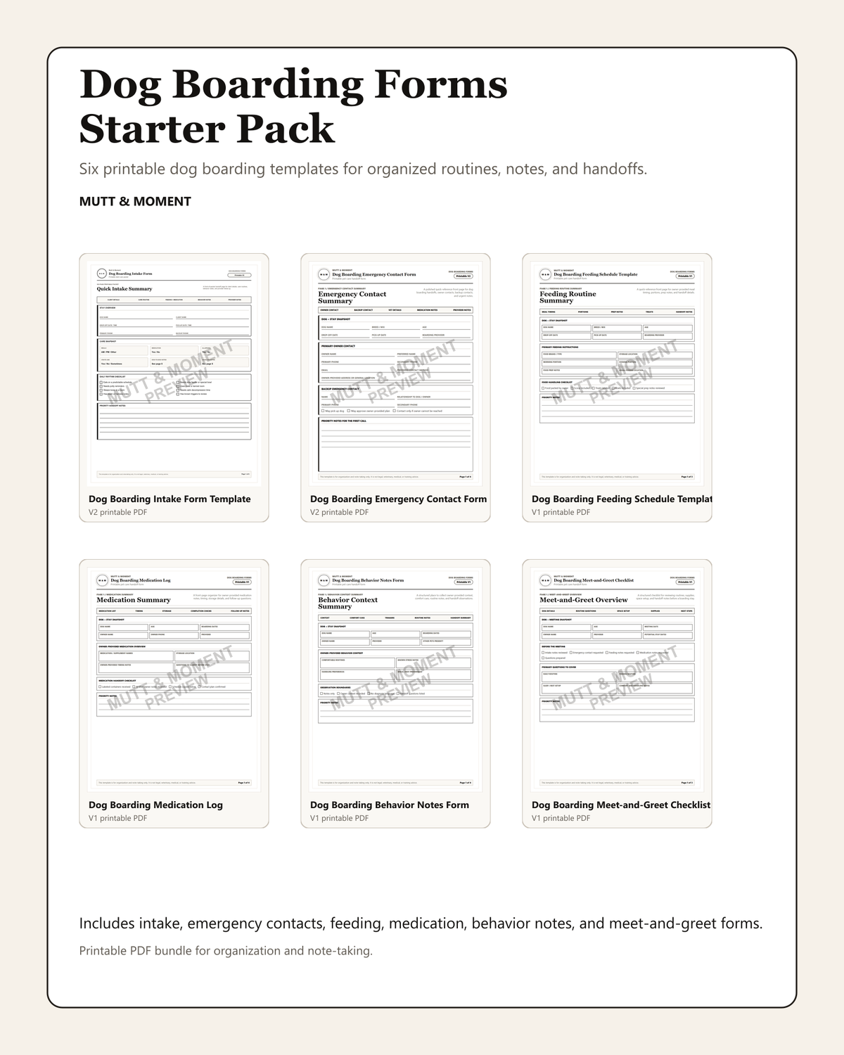 Dog Boarding Forms Starter Pack printable PDF bundle preview.