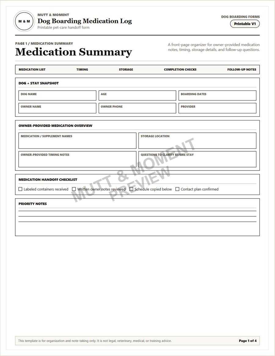 Preview of the Dog Boarding Medication Log printable PDF.