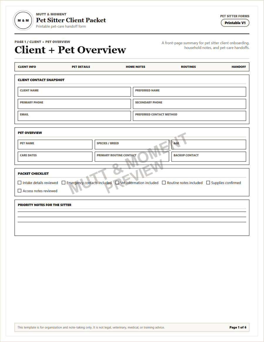 Preview of the Pet Sitter Client Packet printable PDF.