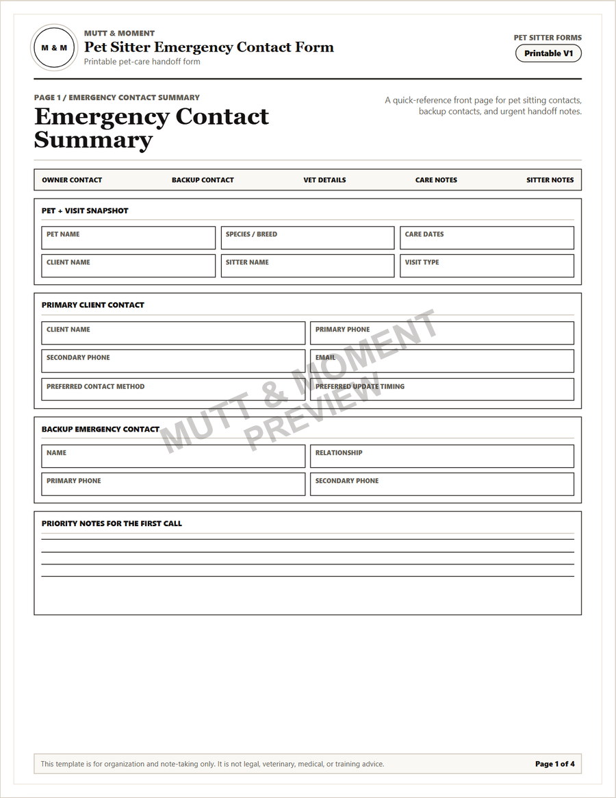 Preview of the Pet Sitter Emergency Contact Form printable PDF.