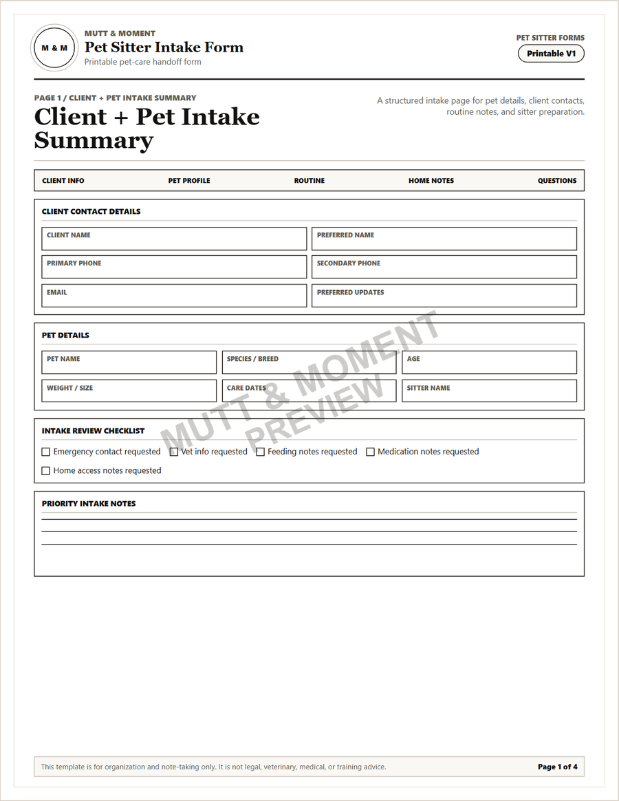 Preview of the Pet Sitter Intake Form printable PDF.