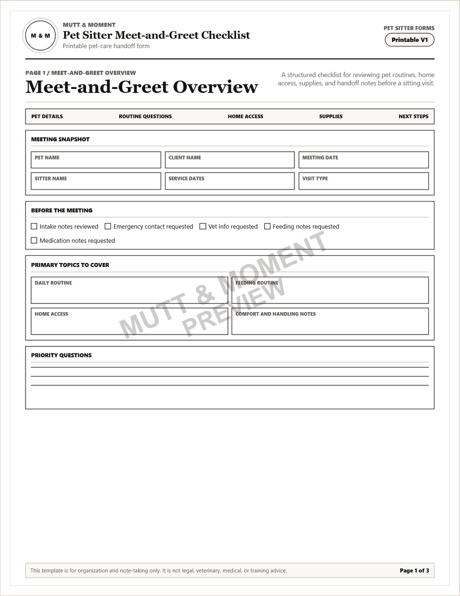 Preview of the Pet Sitter Meet-and-Greet Checklist printable PDF.