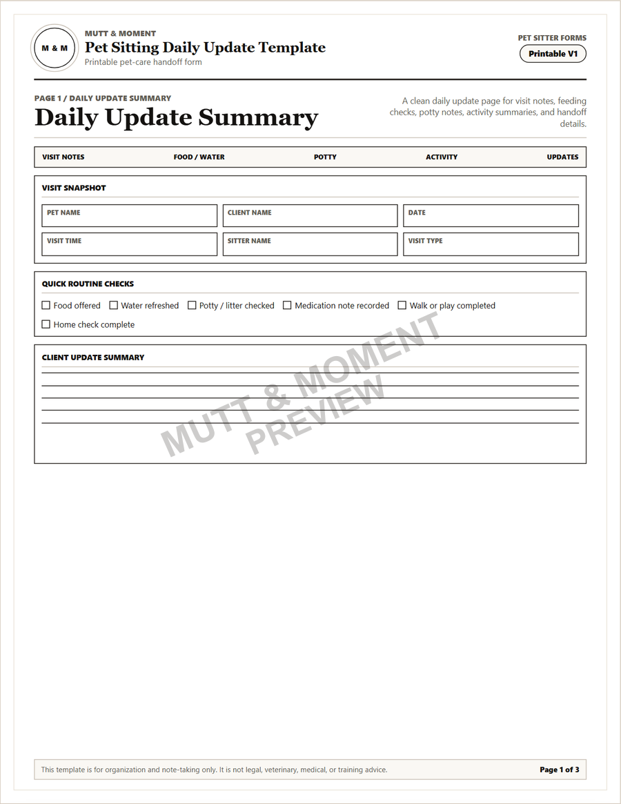 Preview of the Pet Sitting Daily Update Template printable PDF.